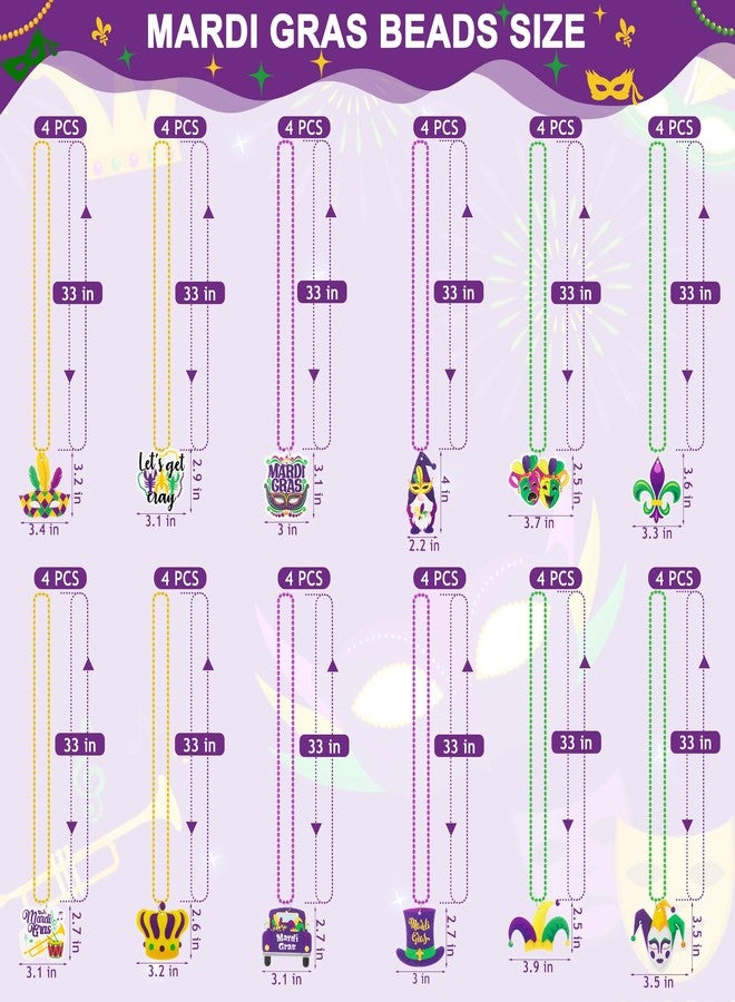 EOBOH 48PCS Mardi Gras Beads Throw, Mardi Gras Beads Necklace with Pendant, 12 Kinds Elements Green Purple Gold Accessories, Bead Necklace Costumes Mardi Gras Celebration Events Parade Throws Party Supplies - Image 2